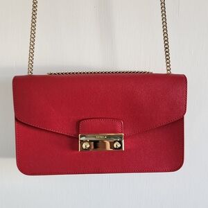 Furla Red Leather Crossbody Bag with Gold Chain